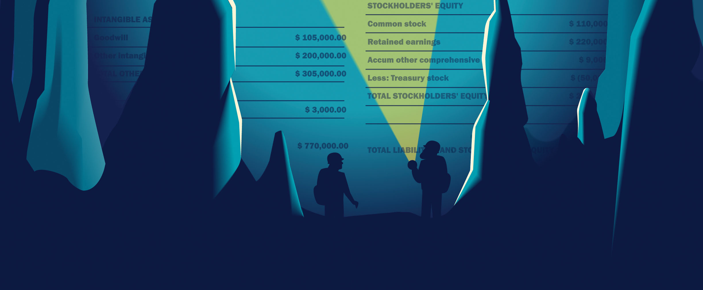 An illustration of two spelunkers with flashlights exploring a cave where they have found a giant balance sheet