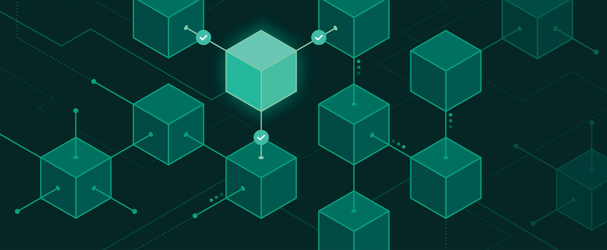 A green and black illustration of interconnected nodes in a blockchain